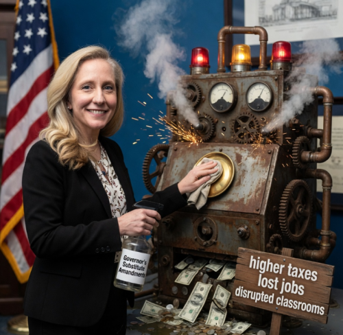 A woman in business attire poses next to a large, industrial machine spewing smoke and sparks, with an American flag in the background. The machine has gauges and features a sign that reads "higher taxes, lost jobs, disrupted classrooms." The woman is holding a cloth and appears to be cleaning part of the machine.