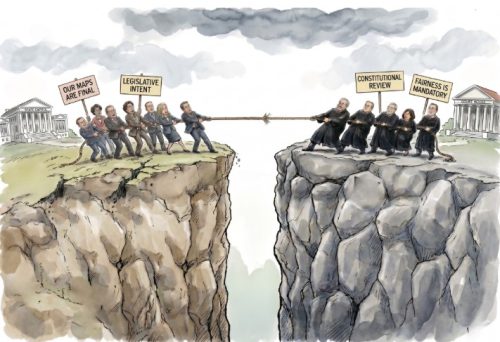 A political cartoon depicting two groups pulling on a rope across a chasm, representing a debate over legislative maps and constitutional review. One side holds signs stating 'Our maps are final' and 'Legislative intent,' while the other side displays 'Constitutional review' and 'Fairness is mandatory.'