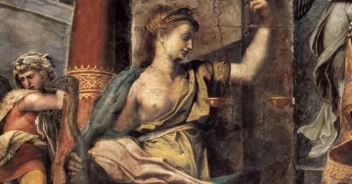 A historical painting featuring a female figure symbolizing justice, holding scales in one hand. She is depicted in classical attire, with a calm expression. In the background, a male figure can be seen, adding to the scene.