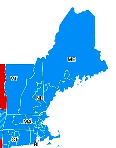 A map of the northeastern United States showing New England states with Maine highlighted in blue and surrounding states in varying shades of blue and red.