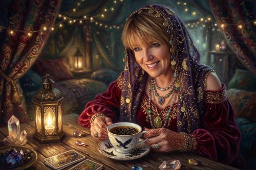A smiling fortune teller wearing a colorful shawl and jewelry, sitting at a table with a cup of coffee, surrounded by crystals, tarot cards, and soft lantern lighting.