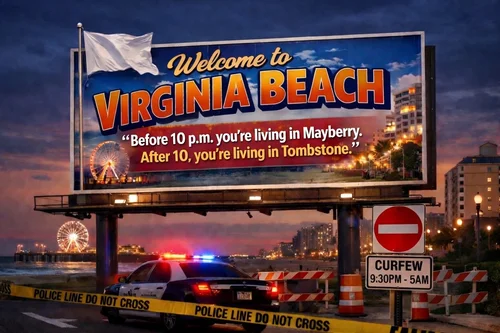 Billboard welcoming visitors to Virginia Beach with a humorous message about nightlife, featuring a police car with flashing lights and a curfew sign.