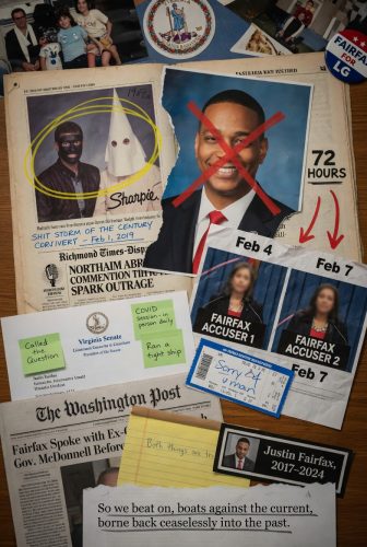 A collage depicting a newspaper article about a controversial incident involving a man in a Ku Klux Klan hood, a photo of a man marked with an 'X', and various notes and documents related to accusations against Justin Fairfax.