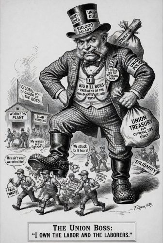 Political cartoon depicting a wealthy union boss in a top hat and suit, with phrases on his clothing that highlight corruption and exploitation, overshadowing workers marching beneath him. The scene conveys a critique of labor practices and the disparity between management and workers.