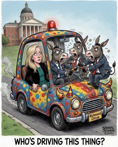 A cartoon depicting a colorful car with a woman looking concerned in the driver's seat, while two donkey characters in suits are arguing in the front. The background features a government building, and the car has a 'Richmond Circus' license plate. The caption reads 'Who's driving this thing?'