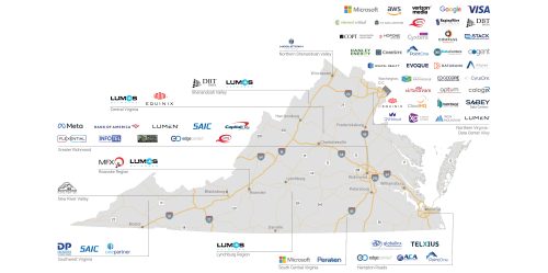 Map of Virginia showing locations of various technology and telecommunications companies, including logos of firms such as Microsoft, Visa, and Equinix.
