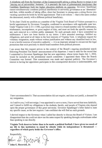A letter discussing the resignation of a member of the Virginia Tech Board of Visitors, addressing political interference and independence concerns regarding the Governor's office.