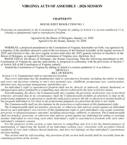 Document outlining a proposed amendment to the Constitution of Virginia regarding reproductive freedom, including the text of the resolution and its legislative agreement.
