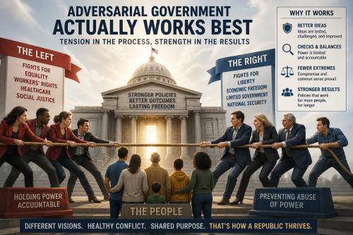 A graphical representation contrasting the left and right perspectives in governance, depicting various stakeholders in a tug-of-war scenario, symbolizing accountability, social justice, and the balance of power in a democratic system.