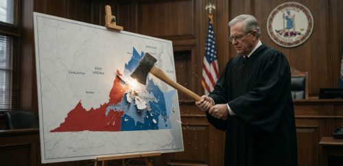 A judge in a courtroom striking a map of Virginia with a gavel, highlighting the division between different regions marked in red and blue.