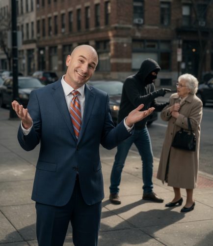 A man in a suit and tie is smiling and shrugging his shoulders on a city sidewalk, while a masked figure appears to be threatening an elderly woman in a coat nearby.