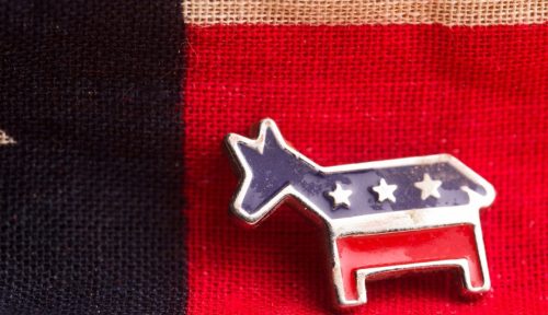 A pin in the shape of a donkey, colored in red, white, and blue with stars, set against a textured background featuring American flag colors.
