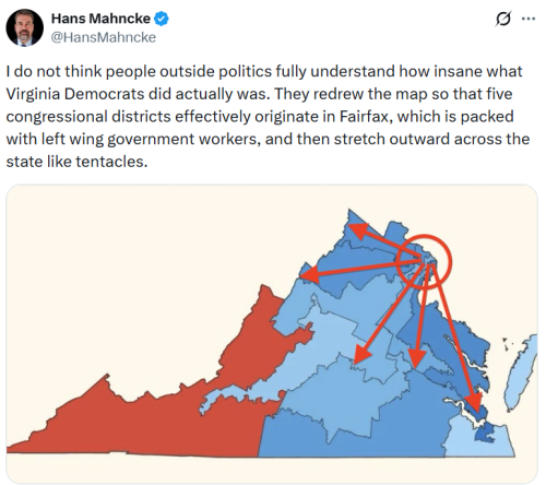 A map of Virginia highlighting congressional districts, with red arrows indicating areas of focus. The map uses blue to represent Democratic areas and red for Republican areas.