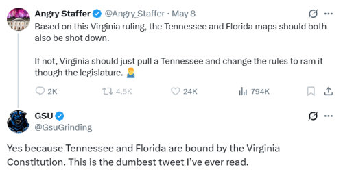 Screenshot of a Twitter conversation discussing a ruling in Virginia related to legislative maps for Tennessee and Florida, with one user expressing frustration and another commenting on the legality.