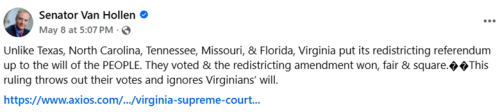 A screenshot of a Facebook post by Senator Van Hollen discussing Virginia's redistricting referendum and comparing it to other states.