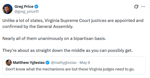 Screenshot of a Twitter conversation featuring tweets from Greg Price and Matthew Yglesias discussing the appointment and confirmation process of Virginia Supreme Court justices.