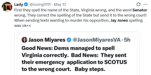 Screenshot of a Twitter post discussing spelling errors in a message about the State of Virginia and a Senator, featuring commentary from Jason Miyares.