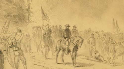 Historical drawing depicting a military scene with soldiers on horseback and infantry, flags in the background, and a crowd of people in various poses.