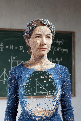 A digital representation of a woman composed of pixelated cubes, standing in front of a chalkboard filled with mathematical equations.