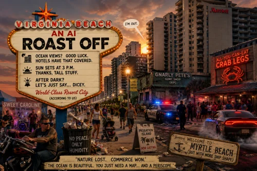 A vibrant street scene in Virginia Beach featuring a humorous sign for an 'AI Roast Off' event, with references to ocean views, nightlife, and local attractions. The backdrop includes tall buildings and pedestrians, creating a lively resort atmosphere.