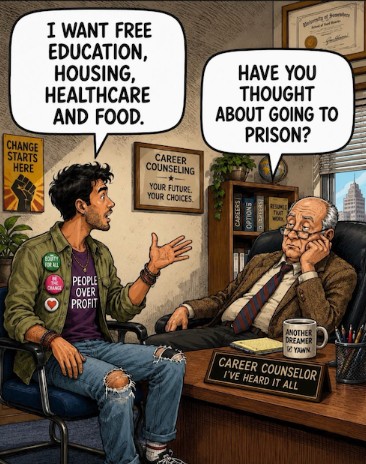 A young man expressing his desire for free education, housing, healthcare, and food to an older career counselor, who responds with an unexpected suggestion about prison, in a humorous cartoon style.