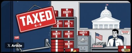 An illustration of a room with a sign labeled 'TAXED,' featuring stacks of boxes labeled 'EQUITY' and a person sitting at a desk. In the background, a government building with a flag is visible.
