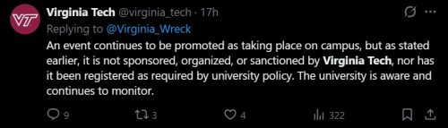 Screenshot of a Twitter post from Virginia Tech addressing an event being promoted on campus that is not affiliated with the university.