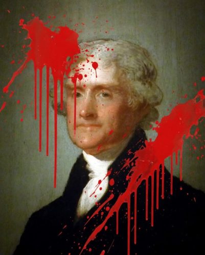 A portrait of a historical figure with red paint splatters over the image, giving it a dramatic and altered appearance.