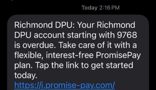 A text message notification from Richmond DPU indicating that the account starting with 9768 is overdue, offering information about a flexible, interest-free PromisePay plan and a link to get started.