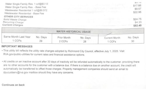 Utility bill statement detailing water and wastewater charges, historical usage, and important messages regarding rate changes and account management.