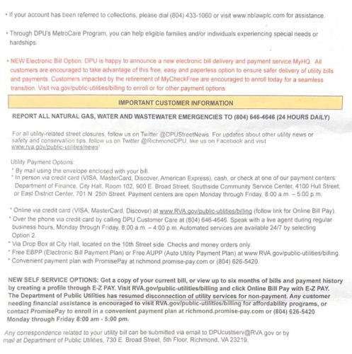 Customer information flyer detailing utilities billing options, payment methods, emergency contact numbers, and new self-service options. It includes instructions for online bill payment and resources for assistance.