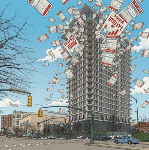 A tall building surrounded by flying papers marked with overdue utility bills, set against a clear blue sky.