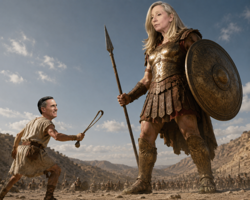 A fantasy scene depicting a giant warrior woman in armor wielding a shield and spear, towering over a smaller man attempting to attack her with a slingshot in a desert landscape.