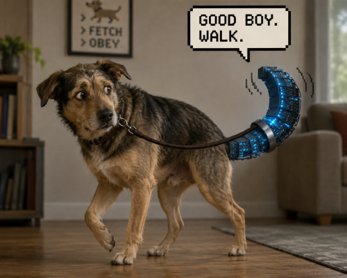 A dog looking surprised while standing on a wooden floor, connected to a futuristic leash with a digital display that says 'GOOD BOY. WALK.'
