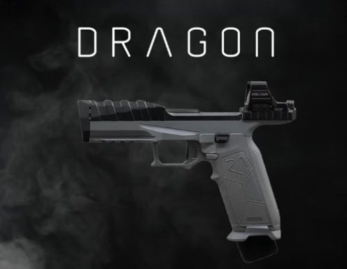A modern gray handgun displayed against a dark background with the word 'DRAGON' above it.