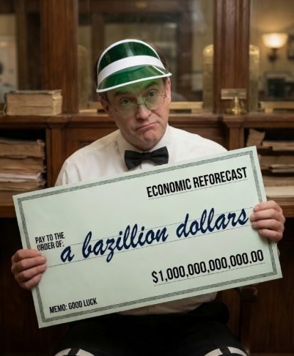A person in a vest and bow tie holding a humorous oversized check made out for 'a bazillion dollars' with the memo 'Good Luck.' The background features an office setting.