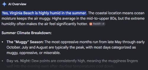 Text discussing the humid summer climate of Virginia Beach, highlighting high temperatures and oppressive conditions from late May to early October.