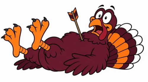 A cartoon turkey lying on its back with an arrow through its body, looking surprised and comedic.