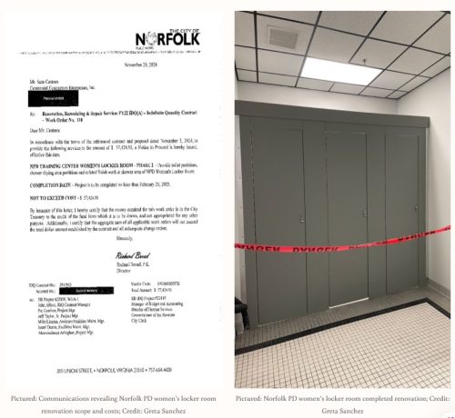 A letter dated November 30, 2018, discussing the renovation of the women's locker room at Norfolk PD, accompanied by an image of the renovated locker room with a 'Closed for Renovation' sign.