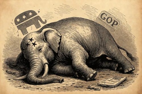 Illustration of a distressed elephant, symbolizing the Republican Party, lying on the ground with a GOP sign nearby. The elephant appears injured, with marks on its head, against a vintage paper background.