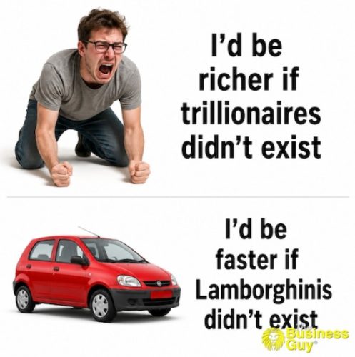 A frustrated man crying out loud with text saying 'I'd be richer if trillionaires didn't exist.' Below, a red compact car with text saying 'I'd be faster if Lamborghinis didn't exist.'