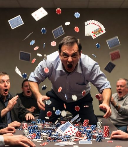 A group of men at a poker table, with one man standing and shouting excitedly while throwing playing cards and poker chips into the air. The atmosphere is lively and tense, with other players reacting dramatically.