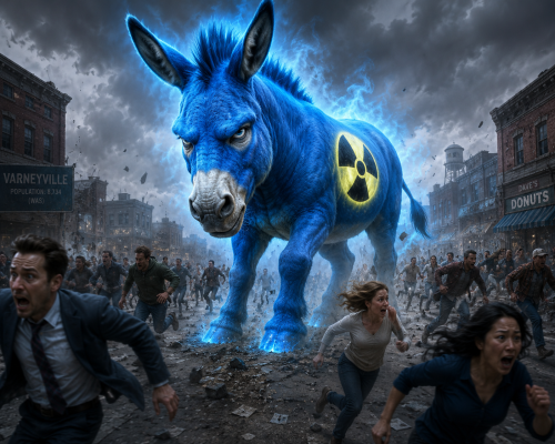 A giant blue donkey with a radioactive symbol stands menacingly in a chaotic urban setting, while panicked people flee from it in terror.