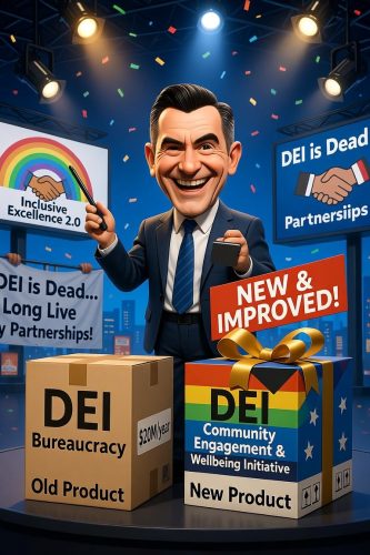 A caricatured man in a suit smiling confidently, presenting two boxes labeled 'Old Product' and 'New Product'. The 'Old Product' box is marked 'DEI Bureaucracy $220/Year', while the 'New Product' box is titled 'DEI Community Engagement & Wellbeing Initiative'. Background decorations include banners that say 'DEI is Dead... Long Live Partnerships!' and 'Inclusive Excellence 2.0'.