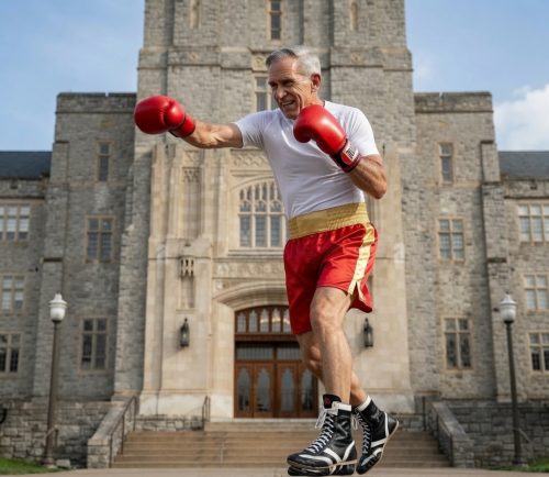 An older man in boxing attire, including red gloves and shorts, is playfully boxing in front of a stone building.