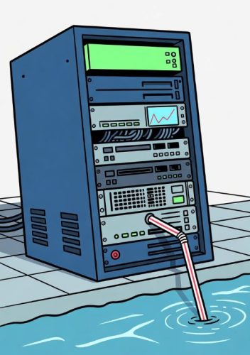 A cartoon illustration of a server tower standing on a tiled floor with water around it, featuring a straw inserted into the server that is submerged in the water.