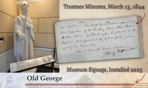 A statue named Old George, displayed in a museum setting, accompanied by historical documents and signage.