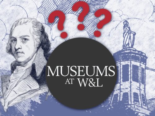 Illustration of a historical figure with question marks and text reading 'MUSEUMS AT W&L' in a circular design.
