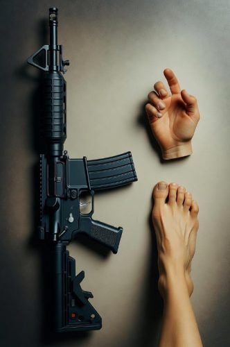 A black rifle positioned next to a human hand and foot, all arranged on a flat surface.